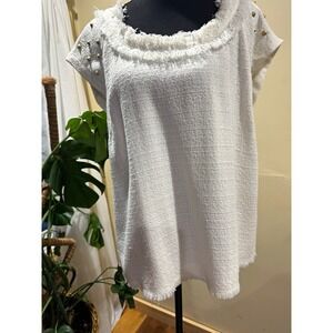 B.P. Collection Ivory Tweed Shift Dress Studded Fringe Scoop Neck Lined Sz L